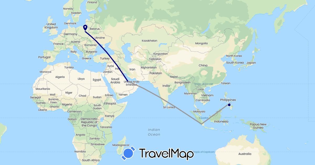 TravelMap itinerary: driving, plane in Indonesia, Philippines, Poland, Qatar (Asia, Europe)
